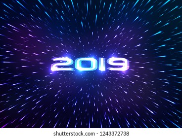Abstract 2019 Happy New Year background. Abstract space background. Flying through hyperspace. Vector illustration
