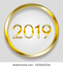 Abstract 2019 New Year golden circle button background. Vector design