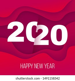 Abstract 2020 Happy New Year card on red wave background. Dynamical banner with 2020 numbers in liquid modern style. Gradient liquid wave backdrop, copy space. 2020 logo text design. Vector illustrati