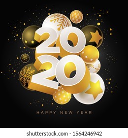 Abstract 2020 new year greeting card design with 3d white, black and gold Christmas balls. Elements are layered separately in vector file.
