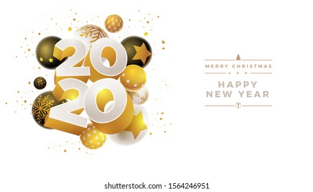Abstract 2020 new year greeting card design with 3d white, black and gold Christmas balls. Elements are layered separately in vector file.
