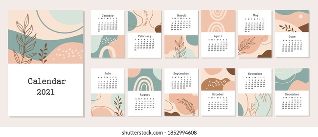 Resumen calendario 2021. Dibujaron a mano varias formas y objetos de garabatos. Arte moderno. Formas minimalistas. Ilustraciones vectoriales geométricas de moda.