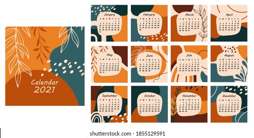 Abstract 2021 calendar. Set 12 month pages. Hand drawn various shapes and doodle objects. Modern art. Minimalist shapes. Geometric trendy vector illustrations.