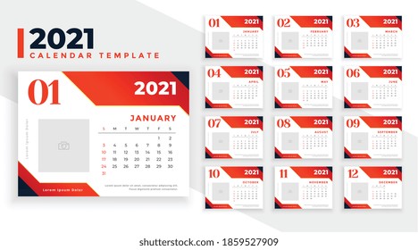 abstract 2021 calendar template in red color theme