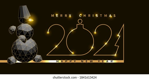 Abstract 2021 golden New Year with polygonal snowman on the dark background. Design for poster, flyer, postcard. Vector illustration.