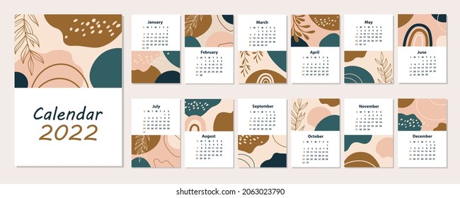 Abstract 2022 calendar. Set 12 month pages. Hand drawn various shapes and doodle objects. Modern art. Minimalist shapes. Geometric trendy vector illustrations.