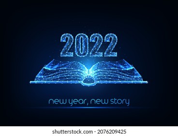 Abstract 2022 Happy New Year concept banner with open book in futuristic glowing polygonal style