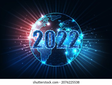 Abstract 2022 Happy New Year To The World Concept Banner With Globe Map On Dark Blue