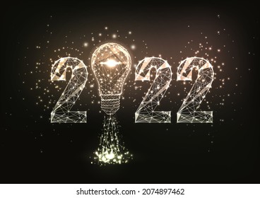 Abstract 2022 vision, startup concept banner in futuristic glowing polygonal style on black