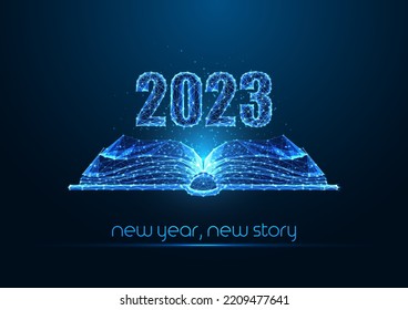 Abstract 2023 Happy New Year concept banner with open book in futuristic glowing style on dark blue