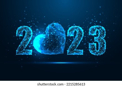 Abstract 2023 Happy New Year digital web banner or greeting card template with festive glowing heart in futuristic glowing polygonal style on dark blue background. Modern design vector illustration