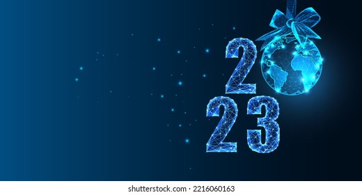 Abstract 2023 Happy New Year digital web banner template with globe map festive bauble in futuristic glowing polygonal style on dark blue background. Modern wireframe design vector illustration.