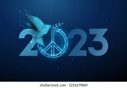 Abstract 2023 New Year greeting card with paper origami bird with olive branch and peace sign.  Low poly style design. Geometric background. Wireframe light structure. 3d graphic concept. Vector