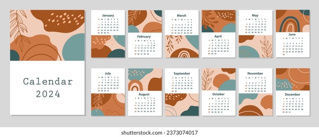 Abstract 2024 calendar. Set 12 month pages. Hand drawn various shapes and doodle objects. Modern art. Minimalist shapes. Geometric trendy vector illustrations.