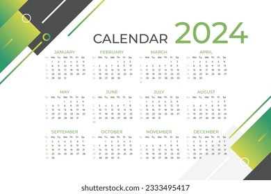 Abstract 2024 calendar template, Modern 2024 new year calendar design template. Week starts on Sunday