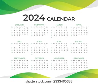 Abstract 2024 calendar with wave template. Vector template. Desk calendar, Week starts from Sunday