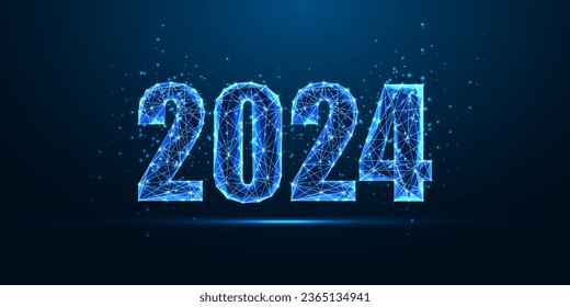 Resumen plantilla de banner web digital Happy New Year 2024 en estilo futurista y brillante polígonal sobre fondo azul oscuro. Ilustración vectorial de diseño de trama moderna.