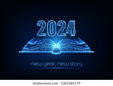 Abstract 2024 Happy New Year concept banner with open book in futuristic glowing polygonal style on dark blue background. Modern wireframe design vector illustration.