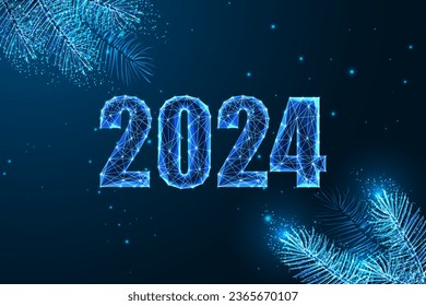 Abstract 2024 Happy New Year digital web banner template decorated by evergreen branches in futuristic glowing polygonal style on dark blue background. Modern wireframe design vector illustration.