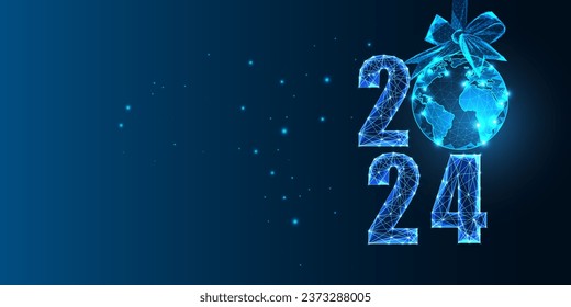 Abstract 2024 Happy New Year digital web banner template with globe map festive bauble in futuristic glowing polygonal style on dark blue background. Modern wireframe design vector illustration.