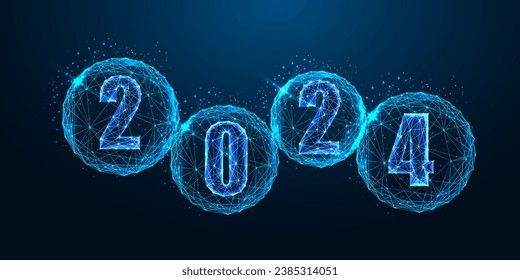 Abstract 2024 Happy New Year digital web banner template in futuristic glowing polygonal style on dark blue background. Modern wireframe design vector illustration.