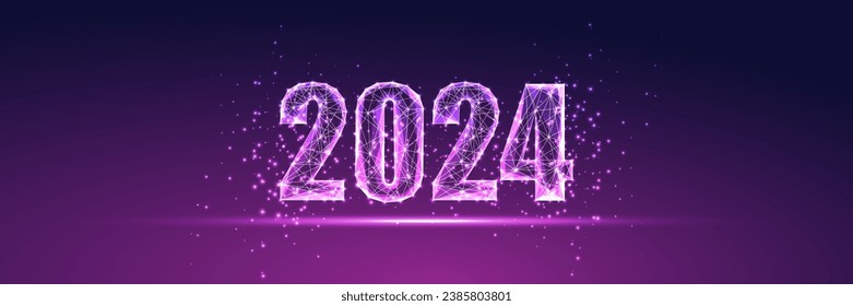 Abstract 2024 Happy New Year digital web banner template in futuristic glowing polygonal style on dark purple background. Modern wireframe design vector illustration.