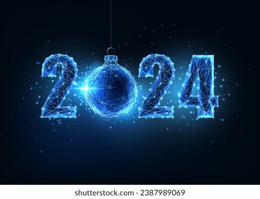Abstract 2024 Happy New Year digital web banner template in futuristic glowing polygonal style on dark blue background. Modern wireframe design vector illustration.