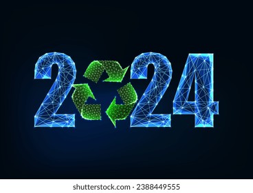 Abstract 2024 Happy New Year symbol with recycle sign digital web banner template in futuristic glowing polygonal style on dark blue background. Modern wireframe design vector illustration.