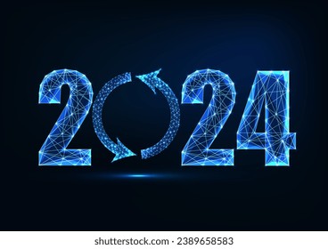 Abstract 2024 Happy New Year digital web banner template with reload symbol in futuristic glowing polygonal style on dark blue background. Modern wireframe design vector illustration.