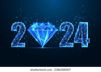 Resumen Banner web digital de lujo Feliz Año Nuevo 2024, invitación o plantilla de tarjetas de felicitación en estilo futurista y brillante polígono sobre fondo azul oscuro. Ilustración vectorial de diseño de trama moderna.