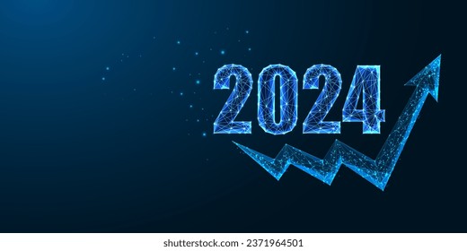 Resumen 2024 Nuevo concepto de estrategia de desarrollo de negocios plantilla de banner web digital en estilo poligonal futurista brillante sobre fondo azul oscuro. Ilustración vectorial de diseño de trama moderna.