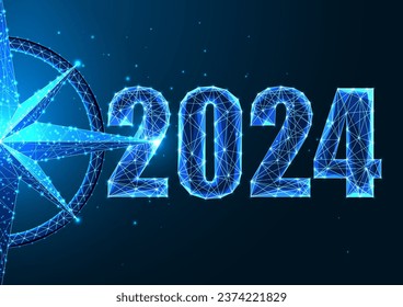 Abstract 2024 New Year business vision, goals concept web banner in futuristic glowing polygonal style on dark blue background. Modern wireframe design vector illustration.