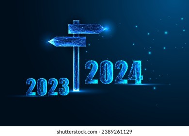 Abstract 2024 New Year concept, transition fro 2023 to 2024 year with signpost on blue background. Digital web banner template in futuristic glowing polygonal style. Modern design vector illustration.