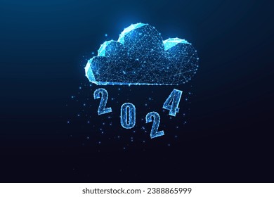 Resumen de la plantilla de banner web digital de Año Nuevo 2024 con dígitos cayendo de la nube. Tecnologías innovadoras. Estilo poligonal brillante futurista sobre fondo azul. Ilustración vectorial de diseño moderna