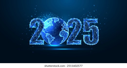 Abstractas Plantilla de Anuncio de Web digital del año Nuevo 2024 con dígitos poligonales brillantes bajos 2025 y globo terráqueo sobre fondo azul oscuro. Moderna Ilustración vectorial de diseño futurista.