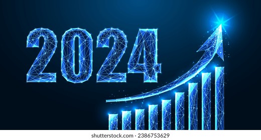 Abstract 2024 New Year, investment growth year digital web banner template in futuristic glowing polygonal style on dark blue background. Modern wireframe design vector illustration.