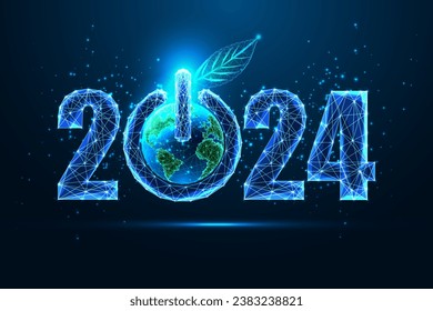 Abstract 2024 sustainable New Year digital web banner template in futuristic glowing polygonal style on dark blue background. ESG. Environmanetal goals. Modern wireframe design vector illustration.