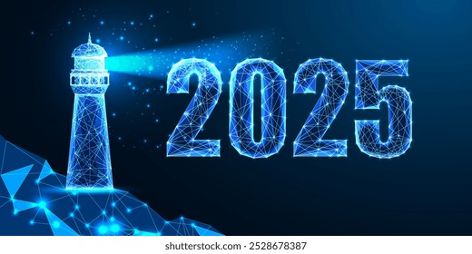 Visión de negocio Abstractas de 2025, feliz año Nuevo Plantilla de Anuncio de Web digital en estilo poligonal brillante futurista sobre fondo azul oscuro. Ilustración vectorial moderna del diseño del wireframe.