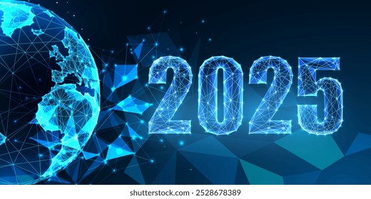 Abstract 2025 global network, Happy New Year digital web banner template in futuristic glowing polygonal style on dark blue background. Modern wireframe design vector illustration.