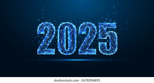 Abstract 2025 Happy New Year digital web banner template in futuristic glowing polygonal style on dark blue background. Modern wireframe design vector illustration.