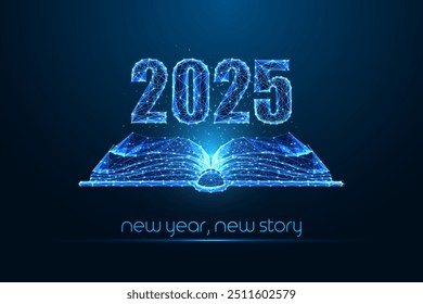 Abstract 2025 Happy New Year concept banner with open book in futuristic glowing polygonal style on dark blue background. Modern wireframe design vector illustration.