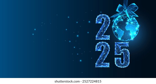 Abstract 2025 Happy New Year digital web banner template with globe map festive bauble in futuristic glowing polygonal style on dark blue background. Modern wireframe design vector illustration.