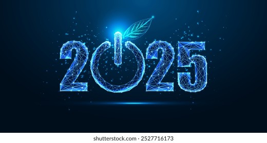 Abstract 2025 Happy New Year, business launch conceptual digital web banner template in futuristic glowing polygonal style on dark blue background. Modern wireframe design vector illustration.