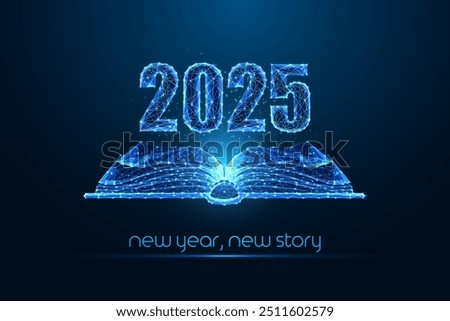 Abstract 2025 Happy New Year concept banner with open book in futuristic glowing polygonal style on dark blue background. Modern wireframe design vector illustration.