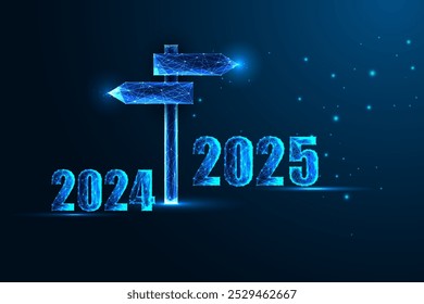 Abstrato 2025 Ano Novo conceito, transição de 2024 para 2025 ano com placa de sinalização em fundo azul. Modelo digital de banner para a Web em estilo poligonal brilhante e futurista. Ilustração vetorial de design moderno.