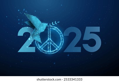 Abstract 2025 New Year greeting card with paper origami bird with olive branch and peace sign Low poly style design Geometric background. Wireframe light connection structure Modern 3d graphic. Vector