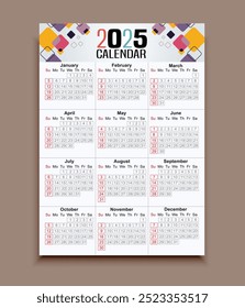 Abstract 2025 printable calendar template displays each month in an organized layout, showcasing the days of the week and dates, perfect for scheduling and planning activities. vector illustration.