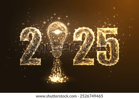 Abstract 2025 vision, startup concept banner with gold lightbulb symbol in futuristic glowing polygonal style on black background. Modern wireframe design vector illustration.