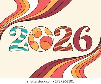 Abstract 2026 New Year Vector with Rainbow Striped Texture