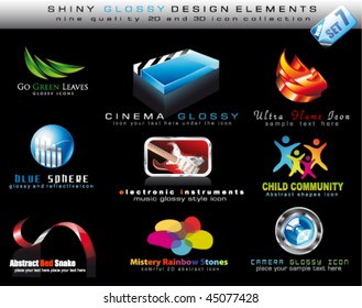 Abstract 2D and 3D Design Element Collection with colorful Shiny Icons - Set 7
